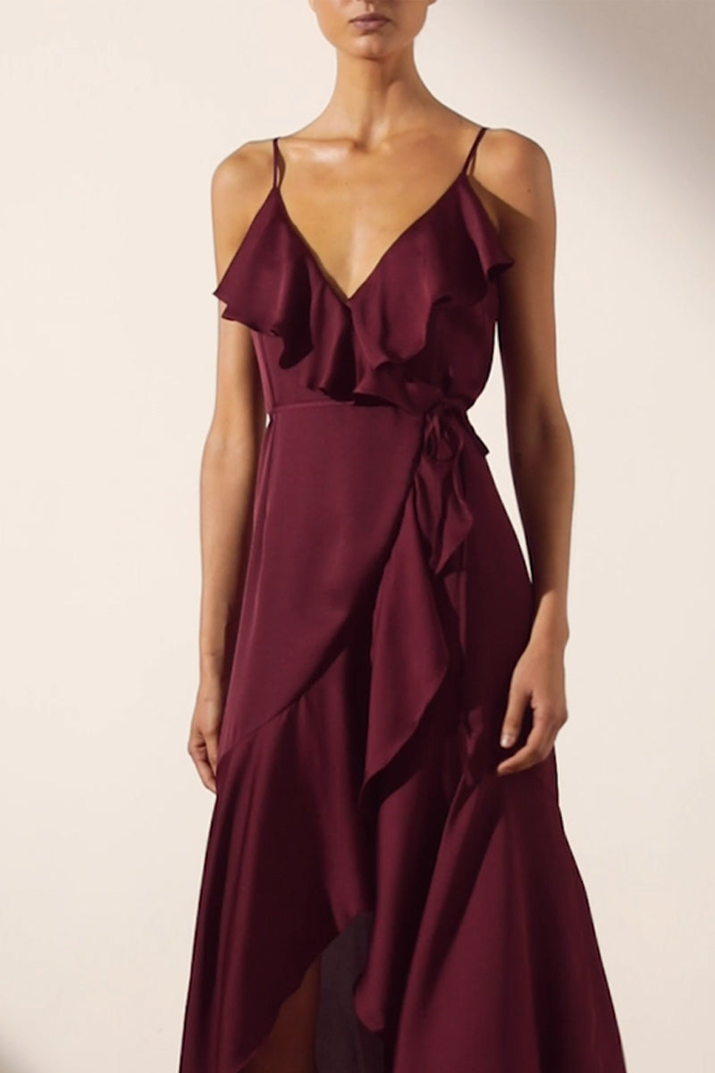 Luxe Bias Frill Wrap Dress | Garnet ...